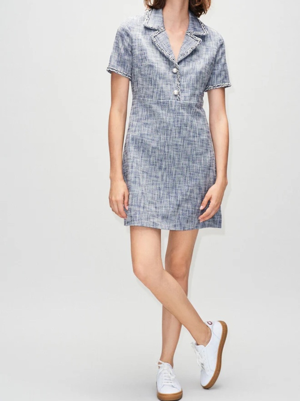 Claudie Pierlot Light Tweed Suit Collar Dress w/ Pearl Buttons Size 6 8 EU 40